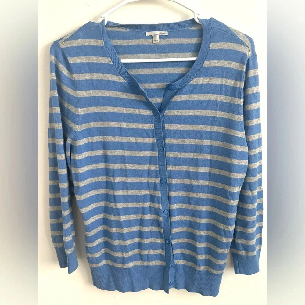Halogen Women’s Cardigan Sweater Size Large Blue Gray Striped  Button Front Knit